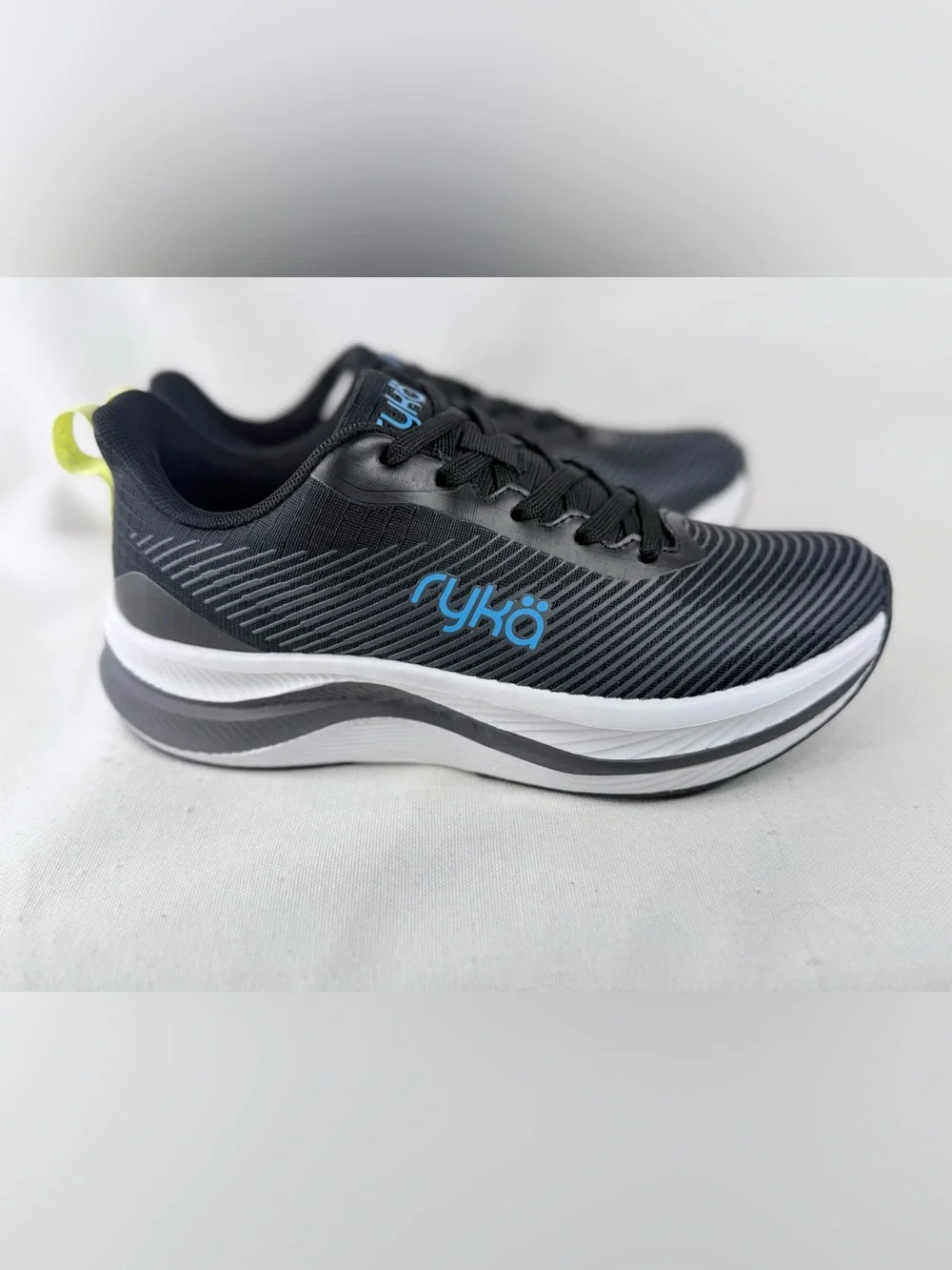 Ryka Genuine Walking Black Athletic Shoes with Blue Logo and Yellow Pull Tab
